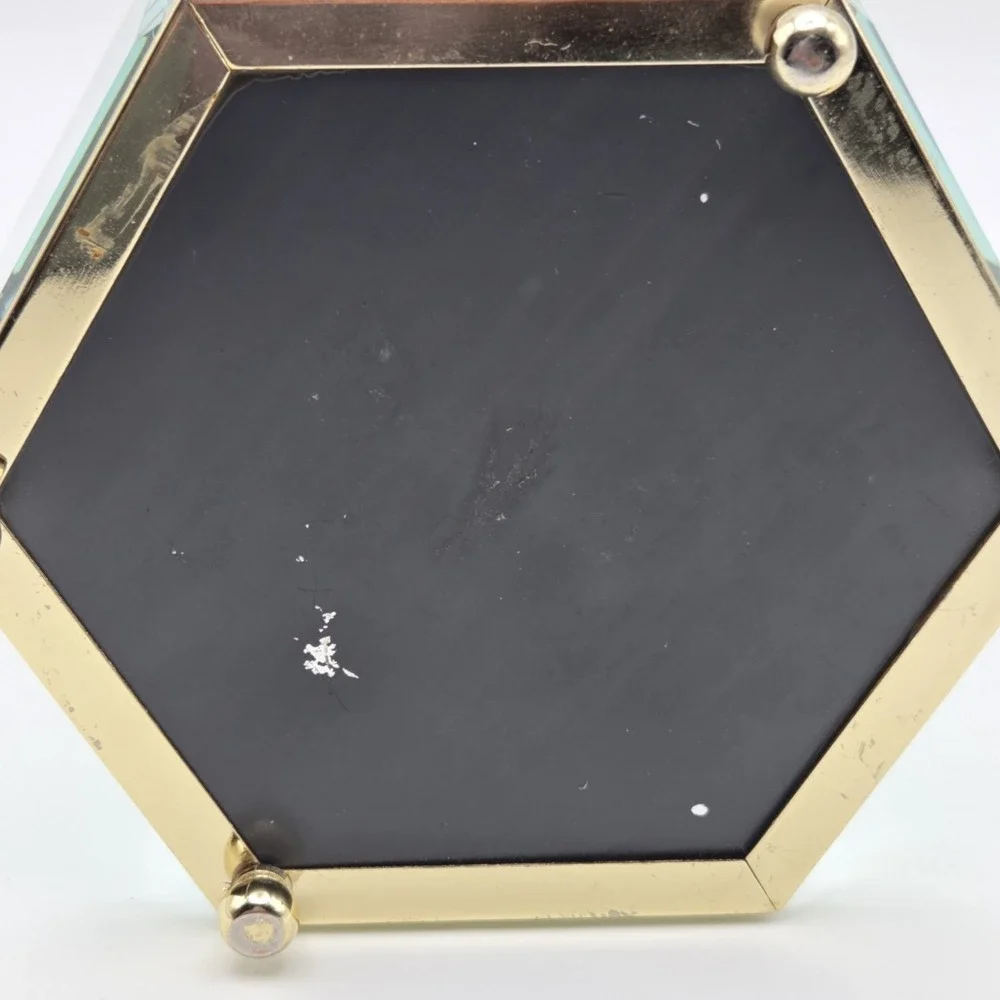 Vintage Hexagonal Floral Etched Glass Mirrored Jewelry Trinket Box